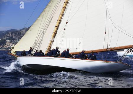 Rennen Sie die Regatta der letzten vier erhaltenen historischen Segelyachten der 15-Meter-Klasse während der Monaco Classic Week 2017, Race of the Classic Sailing Stockfoto