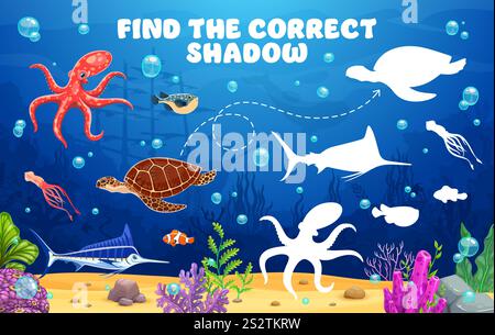 Finden Sie den richtigen Schatten von lustigen Meerestieren. Vektor-Unterwasser-Puzzle-Spiel für Kinder mit Cartoon-Kraken, Schildkröten, Tintenfischen oder Fischen und ihren Silhouetten im Ozean. Arbeitsblatt für Kinder, die lernen Stock Vektor