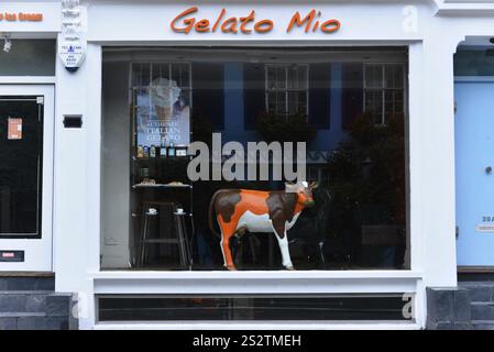 Schaufenster einer Eisdiele mit einer bunten Kuhskulptur vor einem blau-weiß gestrichenen Gebäude, London, London Region, England, Unit Stockfoto