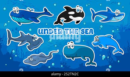 Unterwasser-Aufkleber mit Zeichentrickfilm. Blauwal, Killerwal und Haie, Mantarochen und Delfinvektorfiguren schwimmen in tropischen Meereswellen mit Korallenriff. Unterwasser-Tieraufkleber-Pack Stock Vektor