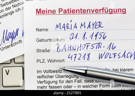 Ein Lebenswille auf Deutsch. Anweisungen für den Arzt oder das Krankenhaus im Falle einer tödlichen Erkrankung. Österreich Stockfoto