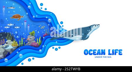 Papier geschnittene Unterwasserlandschaft mit Meerestieren, Fischen und Algen. Vektor 3D Papier geschnittene mehrschichtige Welle mit Zeichentrickpelzsiegel, Quallen und Makrelen, Meeresschildkröten, Stachelrochen und Seeigel Charaktere Stock Vektor
