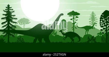 Prähistorische Dinosaurier und Baumsilhouetten. Jurassic Dino Tiere und Reptilien Vektor Hintergrund mit Silhouetten von Brontosaurus, Elmisaurus und Jaxartosaurus, prähistorischen Wald, Bergen, Bäumen Stock Vektor