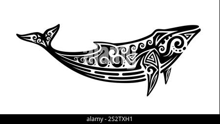 Tribal Wal Tattoo inspiriert von maori Kunst, mit komplizierten Kurven und Mustern. Majestätischer Pottwal mit isolierter Vektorfarbe, Symbol für die Natur des Meeres, das kulturelle und spirituelle Bedeutung weckt Stock Vektor