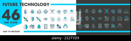 Line icons of future technology, artificial intelligence and smart AI machines, vector pictograms. Future technology icons of digital brain chip, virtual glasses and intelligent futuristic innovations Stock Vektor