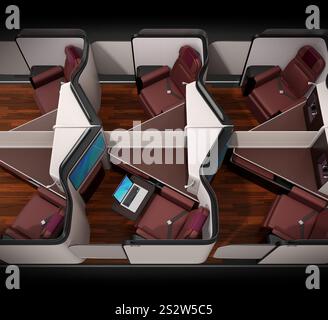 Konzeptionelles Bild des Layouts einer privaten Business-Class-Suite im Zimmertyp (mittlere Reihe). Stockfoto