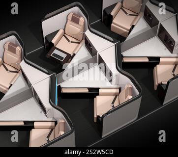 Konzeptionelles Bild des Layouts einer privaten Business-Class-Suite im Zimmertyp (mittlere Reihe). Stockfoto