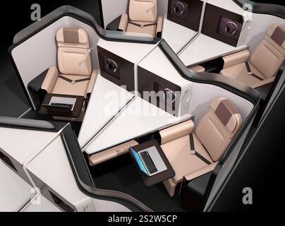 Konzeptionelles Bild des Layouts einer privaten Business-Class-Suite im Zimmertyp (mittlere Reihe). Stockfoto