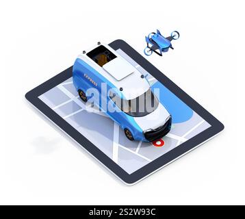 Abbildung eines automatisierten Lieferfahrzeugs und einer Lieferdrohne auf einem Tablet-PC mit einer Karte für die Lieferführung. Weißer Hintergrund Stockfoto