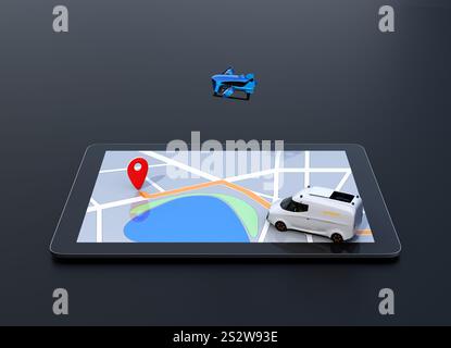 Abbildung eines automatisierten Lieferfahrzeugs und einer Lieferdrohne auf einem Tablet-PC mit einer Karte für die Lieferführung. Schwarzer Hintergrund Stockfoto