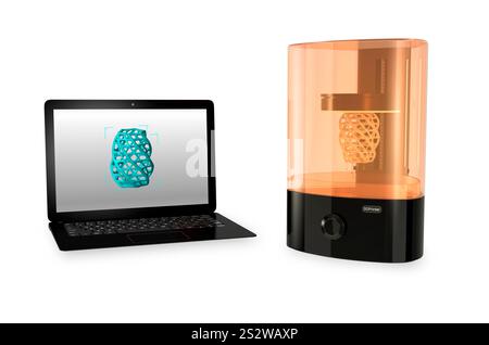 3D-Drucker und Laptop-Computer mit Fotodruck. Das 3D-Modell wird auf dem PC-Bildschirm angezeigt. Stockfoto