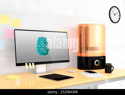 Optischer 3D-Drucker und Laptop. Das 2D-Modell wird auf dem PC-Bildschirm angezeigt. Stockfoto