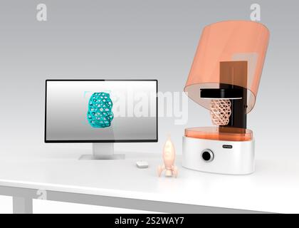 3D-Drucker und Laptop-Computer mit Fotodruck. Das 3D-Modell wird auf dem PC-Bildschirm angezeigt. Stockfoto