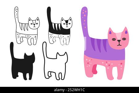 Katzensymbol Zeichentrickset. Abstraktes, handgezeichnetes Kätzchen, lineares Symbol. Stilvolle, niedliche Kinderkollektion mit Tieremblem. Einfache Schilderkritzelung oder Silhouette lustige Katzen Clipart. Vektor-isolierte Abbildung Stock Vektor