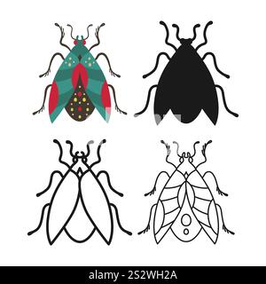 Käfer-Symbol-Zeichentrickset. Abstraktes lineares Bug-Symbol. Stilisierte Volkskunst Insekten Schaben-Emblem-Kollektion. Einfaches Schild Kritzele oder Silhouette lustige Insekten Clipart. Vektor-isolierte Abbildung Stock Vektor