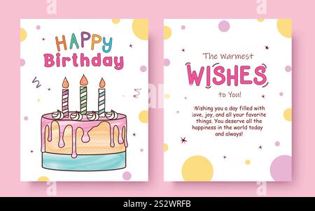 Happy Birthday Grußkarte Clipart-Poster-Set-Design. Geburtstagsgruß, Wünsche und Nachricht mit handgezeichnetem bunten Kuchen in gepunktetem weißem Hintergrund Stock Vektor