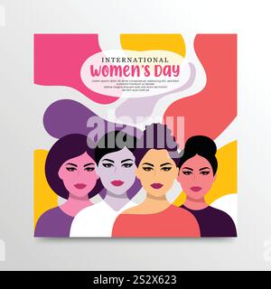 Internationaler Frauentag, verschiedene Frauen verschiedener Ethnien, Silhouette mit modernem, flachem Stil und lebhaften Farben Stock Vektor