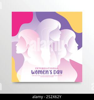 Happy International Frauentag-Banner-Design. Silhouette von Frauen aus verschiedenen Ethnien in modernem, flachem Stil mit leuchtenden Farben Stock Vektor