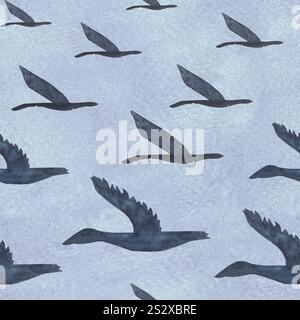 Fliegende Vögel, nahtloses Muster der Ges auf blauem Hintergrund. Hochwertiges handgezeichnetes Aquarell einfache flache Illustration für Landschaften, Scrapbooking Stockfoto