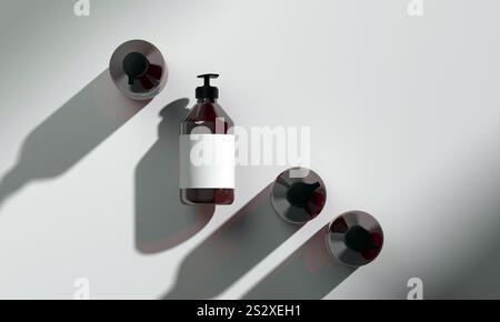 3D-Rendering Dark Amber Pump Flasches Mockup auf minimalistischem Hintergrund Stockfoto