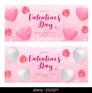 Valentinstag-Grußbanner mit Herzen und Blumen. Vektorabbildung Stock Vektor