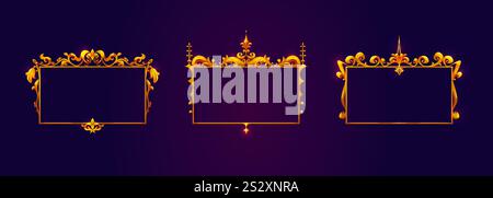 Mittelalterliches Spielgestell – verzierte goldene Ränder mit dekorativen Blüten auf dunklem Hintergrund. Königliche Designelemente mit Blumenmustern und scharfen Zierstiften. Fantasy-RPG-Menü-Bedienfelder. Stock Vektor