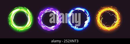 Magische Spielportale, isoliert auf Schwarz. Vektor-Cartoon-Illustration von Fantasy Neon Farbkreis Rahmen, runde Tür zur Fantasy Welt, Raum- oder Zeitdimension für Spiel ui Design, strahlende Teleportation Stock Vektor