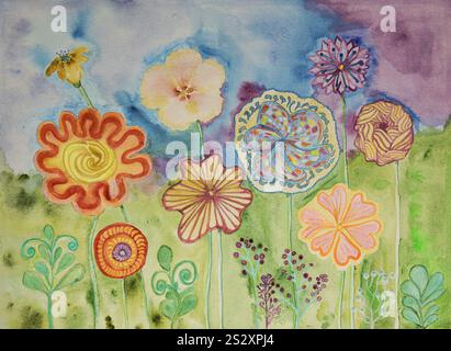 Heller und farbenfroher Fantasy-Garten mit kritzelten Blumen. Die Dabbing-Technik in der Nähe der Kanten sorgt aufgrund der veränderten Oberfläche für einen weichen Fokus Stockfoto