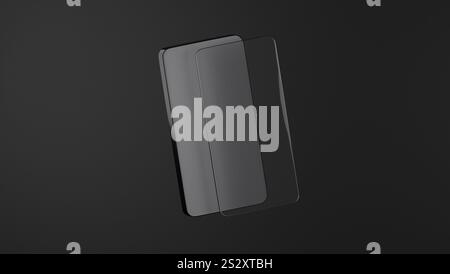 3D-Modell des Mobiltelefons und Schutzglas auf dunklem Hintergrund, Telefon Stockfoto