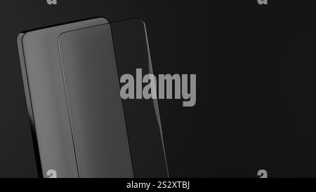 3D-Modell des Mobiltelefons und Schutzglas auf dunklem Hintergrund, Telefon Stockfoto