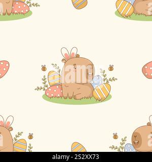 Nahtloses Ostermuster. Nettes glückliches Capybara-Häschen mit dekorativen Eiern auf hellem Hintergrund. Kawaii-Charakter in der Weihnachtskarikatur. Vektorabbildung. Ki Stock Vektor