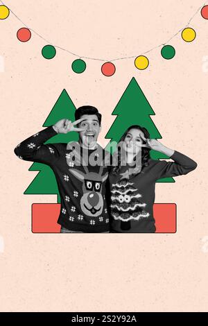Composite Trend Artwork Skizzenbild 3D Collage von Happy Christmas New Year Feiertag Feier junge Dame Mann dumm Geste Baum Dekor Stockfoto