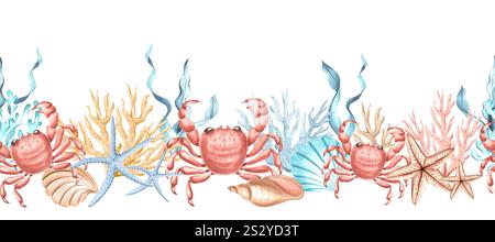 Krabben, Muscheln mit Korallen und Algen mit Sternenfischen. Nahtloser Rand. Handgezeichnete Aquarellillustration. Meereshintergrund mit Rifftier Stockfoto