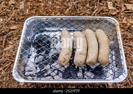 Vier Weißwürste werden auf den Kohlen eines kleinen Einweggrills gegrillt. Stockfoto