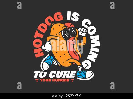 Hot Dog mit Sonnenbrille Figur in laufender Pose. Hotdog kommt Stock Vektor