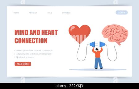 Herz-Hirn-Balance. Vorlage für Landing-Page. Frau verbindet Herzgefühl mit logisch denkendem Gehirn. Kontrollgefühl und Emotionskonzept. Vektor Stock Vektor