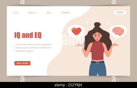 IQ und EQ. Vorlage für Landing-Page. Frau entscheidet sich über Emotionen und Weisheit. Flaches Design. Vektorillustration im Cartoon-Stil. Vektor Stock Vektor