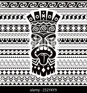 Polynesisches Maori geometrisches nahtloses Vektormuster mit Totemkopf, hawaiianisches Stammes-repetitives Design in Schwarz und weiß Stock Vektor