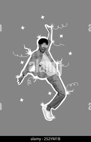 Vertikales Collagebild von schwarz-weißen gamma-sorglosen Guy Point-Fingern, die isoliert auf blauem Hintergrund tanzen Stockfoto