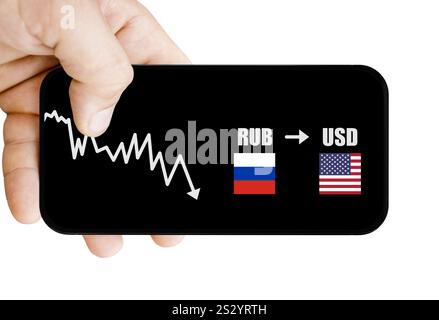 Russischer Rubel und Dollar Wechselkurs. Währungskursdiagramm auf einem Telefon Stockfoto