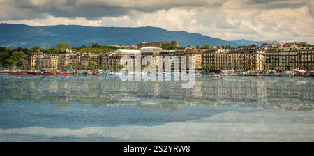 Panoramablick auf den modernen Damm und das Zentrum von Genf, Schweiz Stockfoto