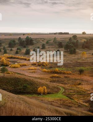 Herbsttal an einem bewölkten Tag, wenige Bäume wachsen an Hängen. Hügelige Landschaft mit trockenem Gras bei Sonnenuntergang. Stockfoto