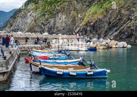 Boote im Hafen des Küstendorfes Vernazza im Nationalpark Cinque Terre in der Region Ligurien im Nordwesten Italiens Stockfoto