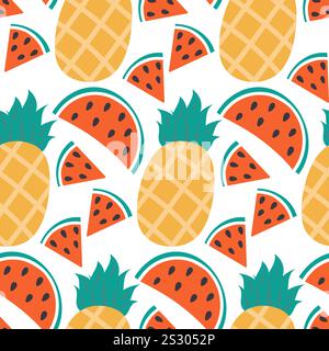 Wassermelonenscheiben und Ananas mit Blättern nahtloses Muster. Konzept mit exotischen Früchten im Hintergrund. Isolierte Vektor Illustration Hintergrundbild, Verpackung oder Web Promo Banner, Themenkarten, Broschüren, Tag Stock Vektor