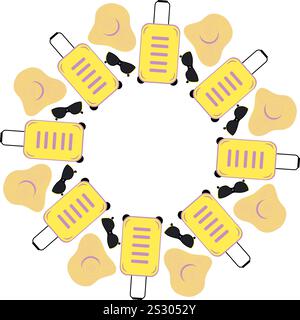 Reisekoffer, Hut mit breiter Krempe und Sonnenbrille mit Rundumrahmen im Sommer. Bereichsvorlage kopieren. Isolierte Vektor-Illustration Touristische Karten, Posting, Bloggen oder Web-Promo-Broschüren, Banner, Preis Stock Vektor