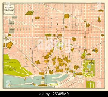 Monumentalplan von Barcelona aus dem „Guía plano Monumental de Barcelona“ von Artur Masriera i Colomer (1860-1929), veröffentlicht 1929, der die Stadtplanung und die Sehenswürdigkeiten Barcelonas zeigt. Stockfoto