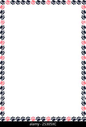 Pinkfarbene Tierpfoten auf weißem Hintergrund. Katzenpfadenabdruck mit leerem Platz für Ihren Text. Trendige Grafikvorlage. Niedliche Rahmenbox Stock Vektor
