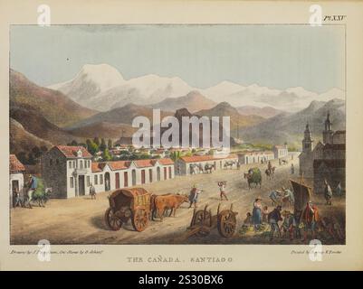 Blick auf und vom Kanada von Santiago de Chile, jetzt ein zusätzlicher öffentlicher Spaziergang, in dem seine feine Berglandschaft und eine weitere Straßenszene dieser Hauptstadt. Vintage Illustration des 19. Jahrhunderts - Reisen nach Chile, über die Anden, in den Jahren 1820 und 1821 : nach Skizzen von Peter Schmidtmeyer Stockfoto