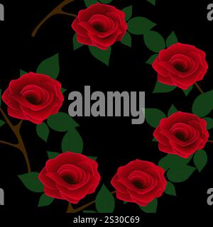 Wunderschönes nahtloses Muster mit roten Rosen auf schwarzem Hintergrund. Stock Vektor