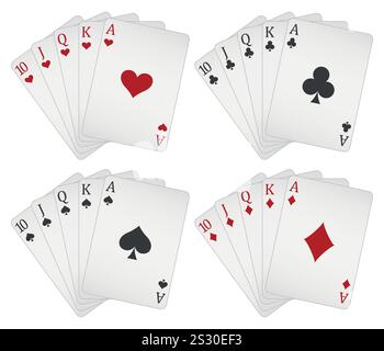 Spielkarten - eine Pokerhand bestehend aus einem Royal Flush Clubs Pik Herzen Diamanten 10 J Q K A, Vektor-Illustration Stock Vektor